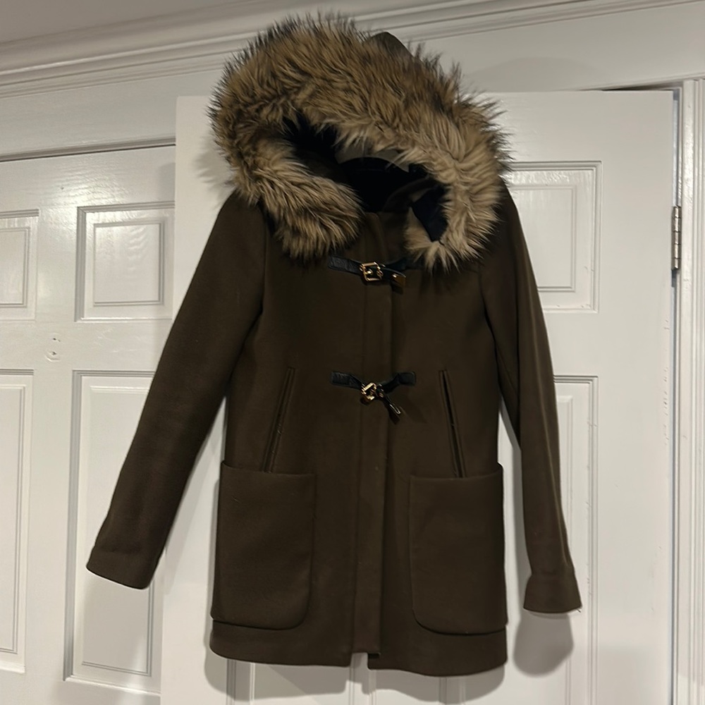 Olive Green Zara Wool Jacket with  detachable faux fur hood Size Small